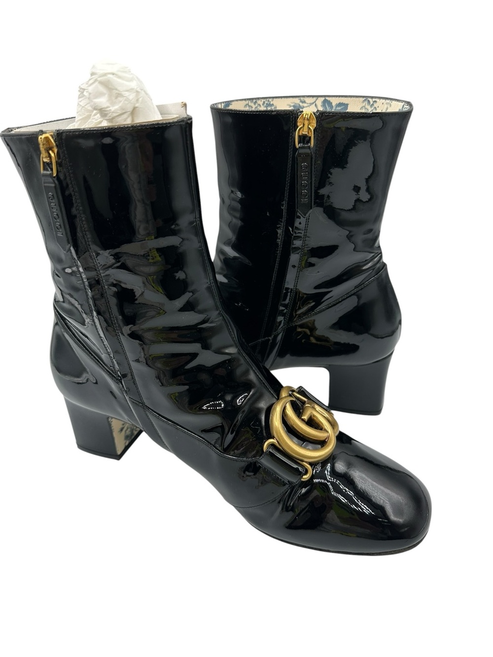 Gucci Black Patent Mid-Calf Boots with Gold Double G - Picture 10 of 13